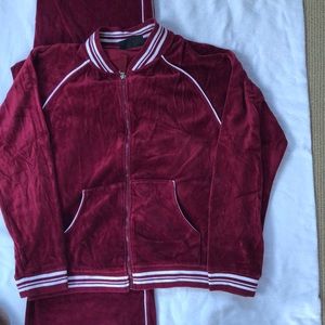 Women’s burgundy velvet white striped track suit.